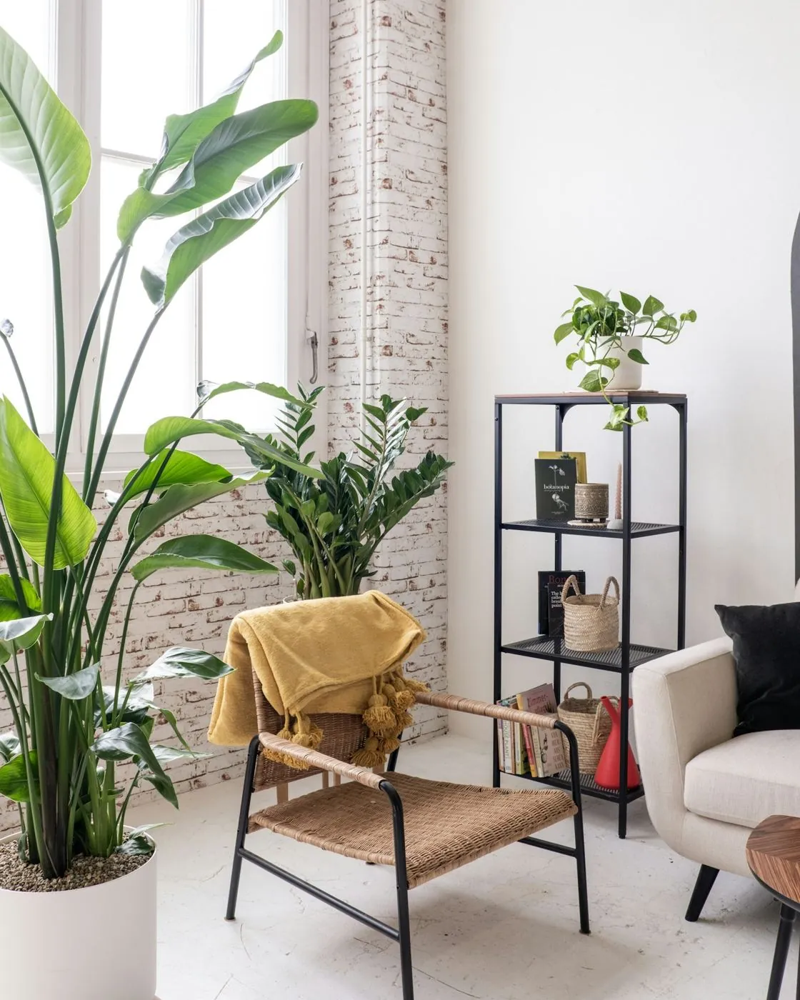 Sala luminosa com plantas e uma cadeira com manta amarela
