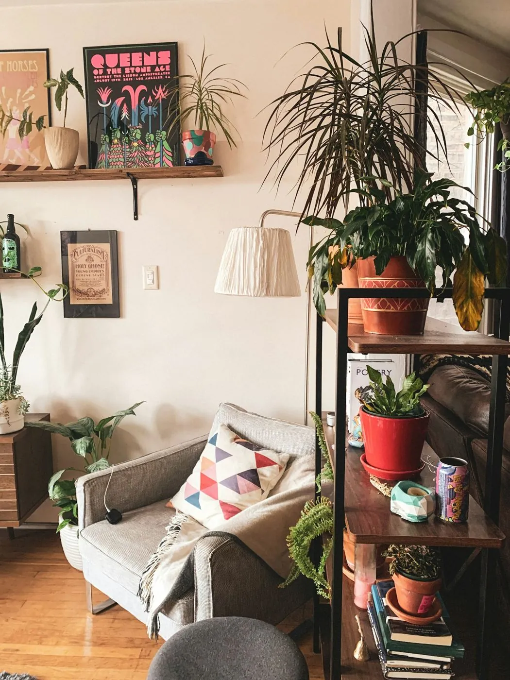 Sala acolhedora com plantas, estante e candeeiro
